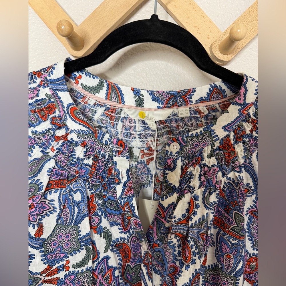 NWT Boden Ivory, Paisley Bud Smocked Short Sleeve Blouse Sz 14 - Picture 4 of 10
